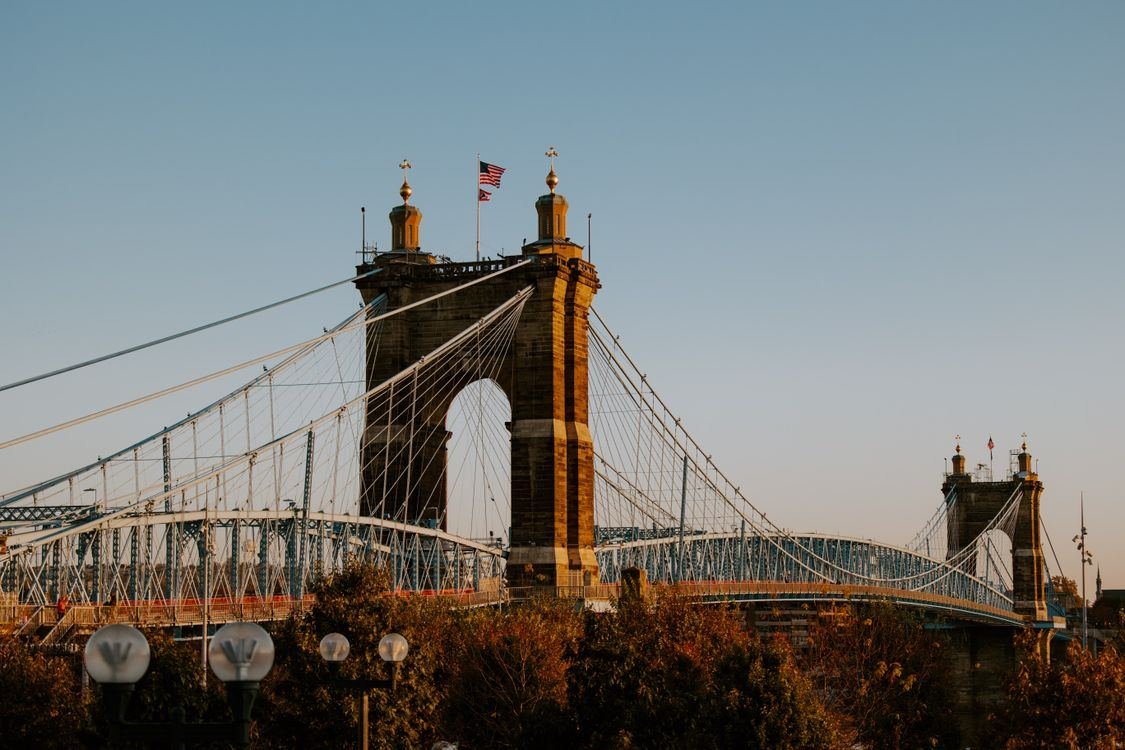 The John A. Roebling Suspension Bridge in Cincinnati at dusk